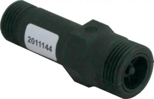 Schwarzes Überstromventil mit Gewinde, ausgestattet mit einem inneren Mechanismus. Produkt von Wolf zur Regelung von Flüssigkeitsströmen in Heizsystemen.